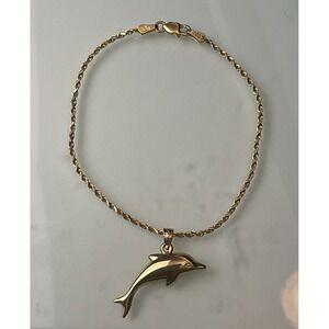10K Solid Yellow Gold Dolphin Anklet Bracelet- 3D Dolphin -  8 Inch